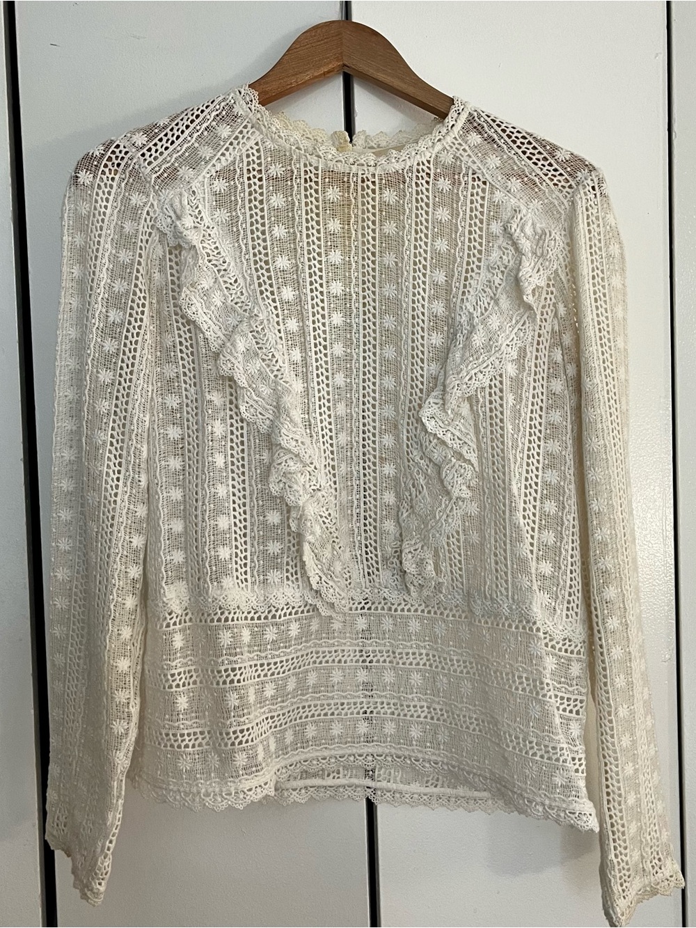 Sezane Lace Ruffled Long-Sleeve Top - Cream